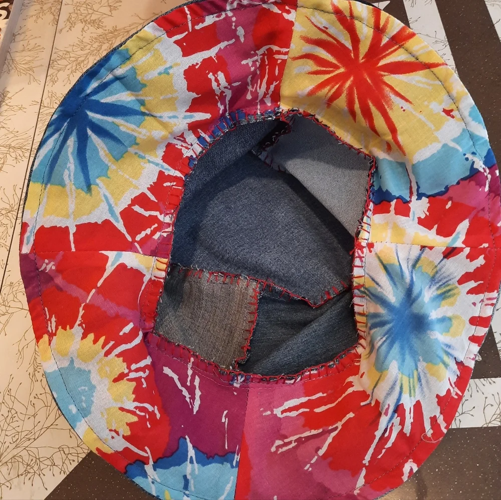 Handmade denim patch scrap bucket Hat M-L tie dye brim